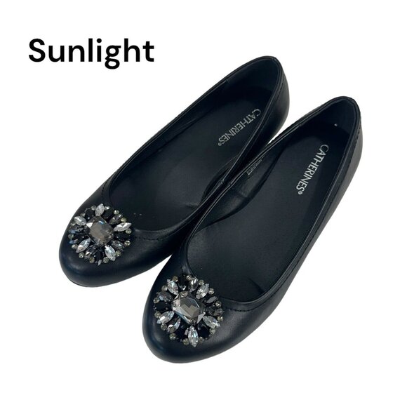 CATHERINES Women's 9 WIDE Black Wedge Slip On Shoes Comfy  Embellishment - Picture 1 of 10